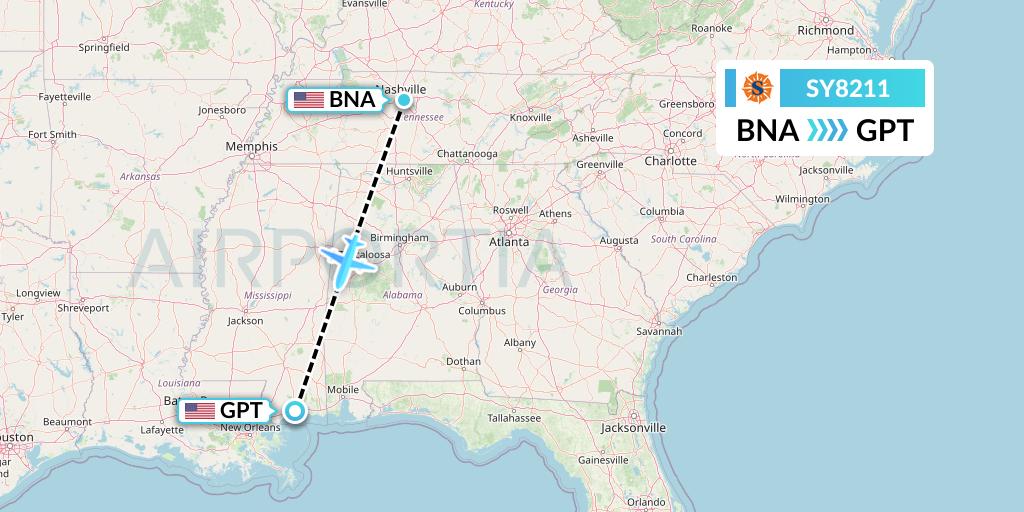SY8211 Sun Country Airlines Flight Map: Nashville to Gulfport