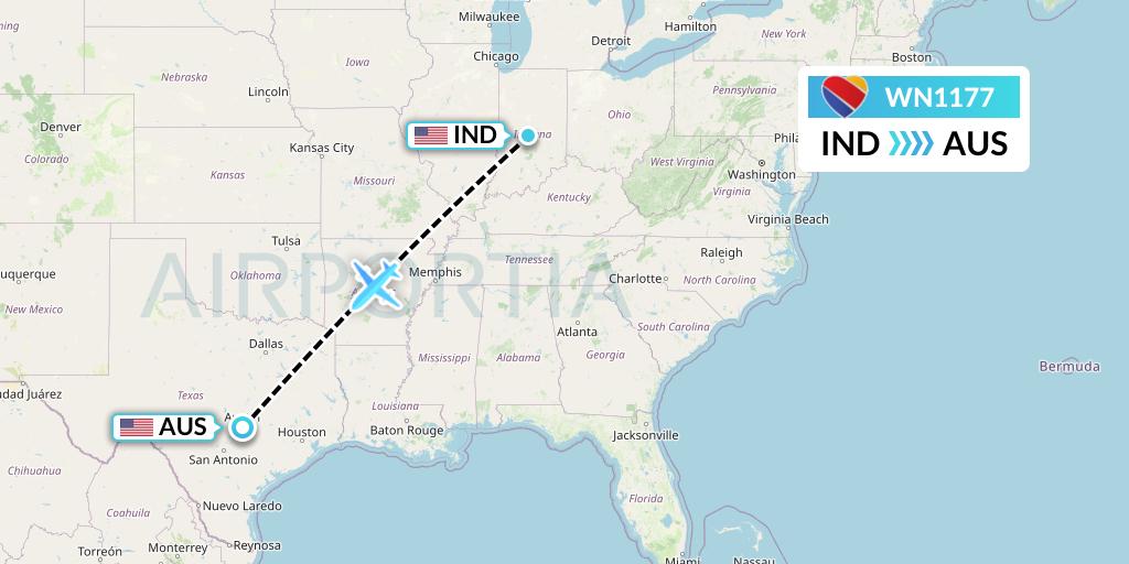 WN1177 Southwest Airlines Flight Map: Indianapolis to Austin