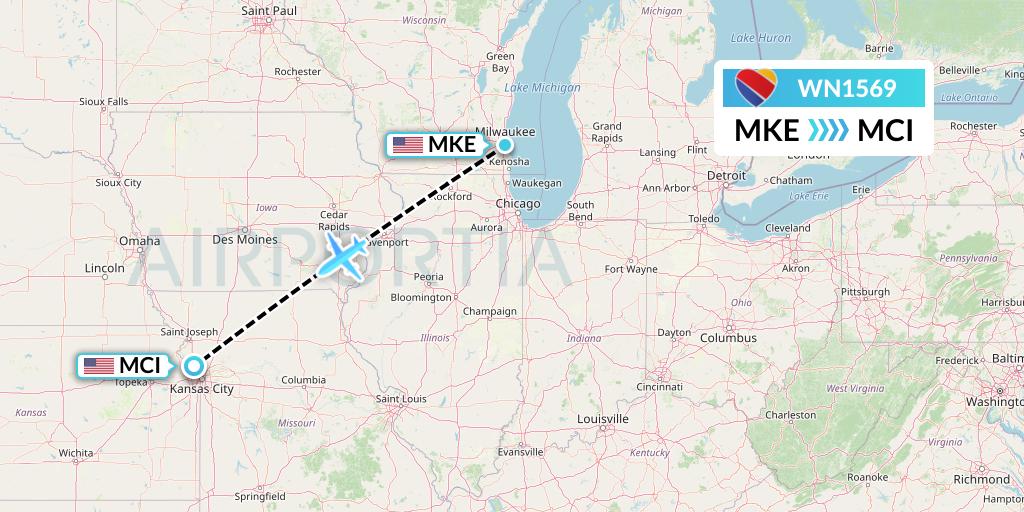WN1569 Southwest Airlines Flight Map: Milwaukee to Kansas City