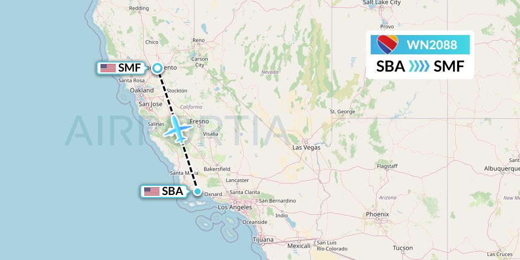 WN2088 Southwest Airlines Flight Map: Santa Barbara to Sacramento