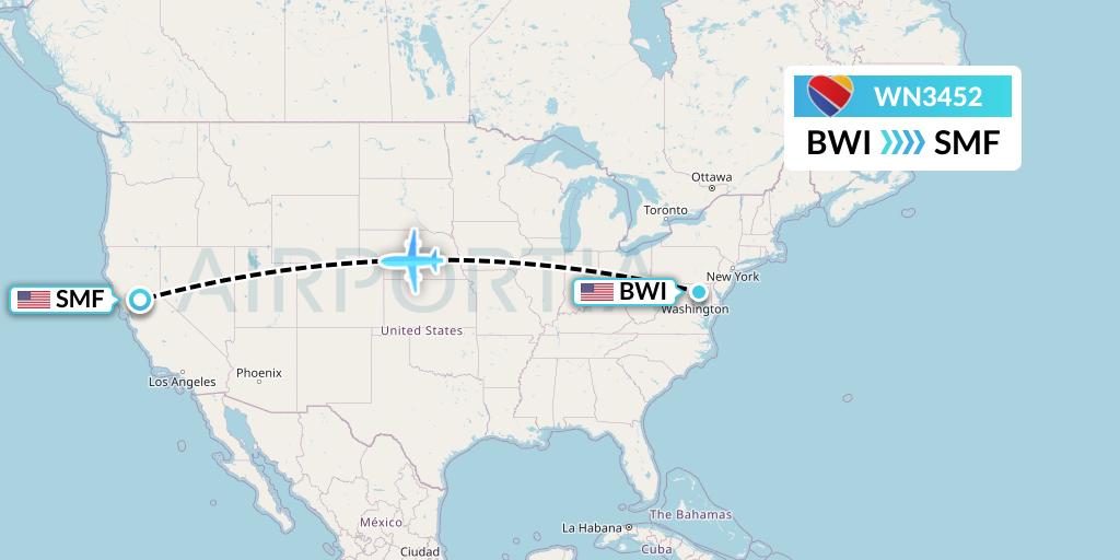 WN3452 Southwest Airlines Flight Map: Baltimore to Sacramento