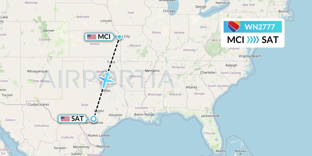 WN2777 Southwest Airlines Flight Map: Kansas City to San Antonio
