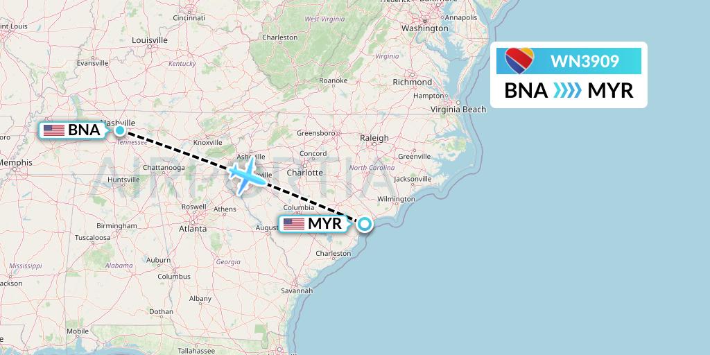 WN3909 Southwest Airlines Flight Map: Nashville to Myrtle Beach