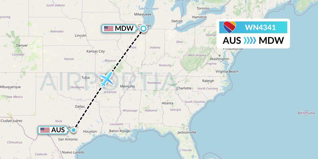 WN4341 Southwest Airlines Flight Map: Austin to Chicago