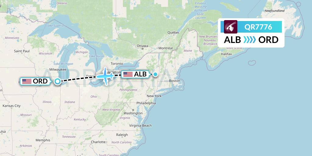 QR7776 Qatar Airways Flight Map: Albany to Chicago