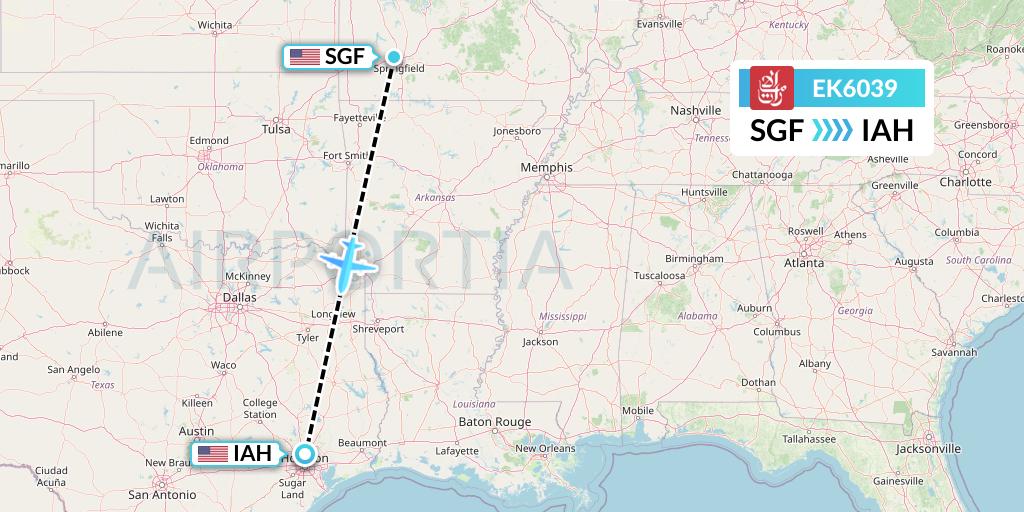 EK6039 Emirates Flight Map: Springfield to Houston
