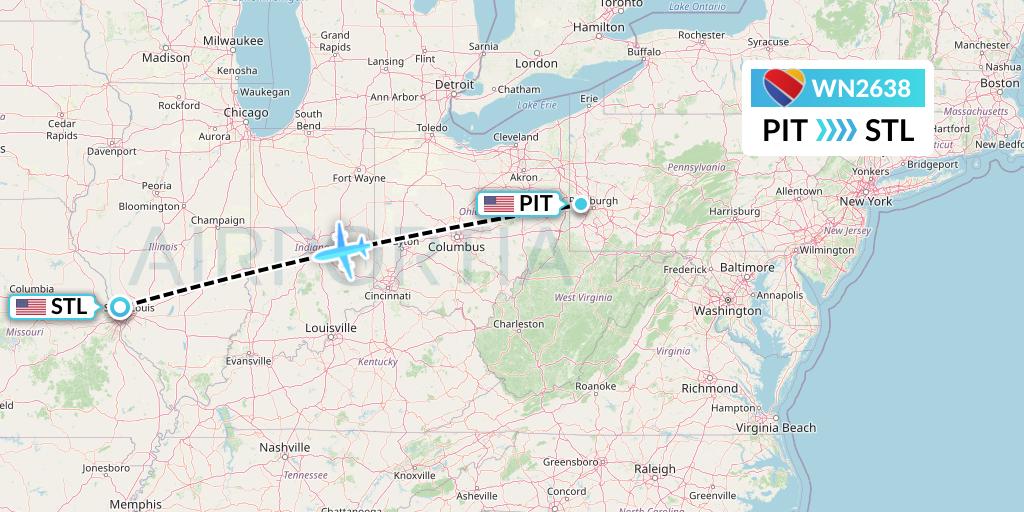 WN2638 Southwest Airlines Flight Map: Pittsburgh to St. Louis