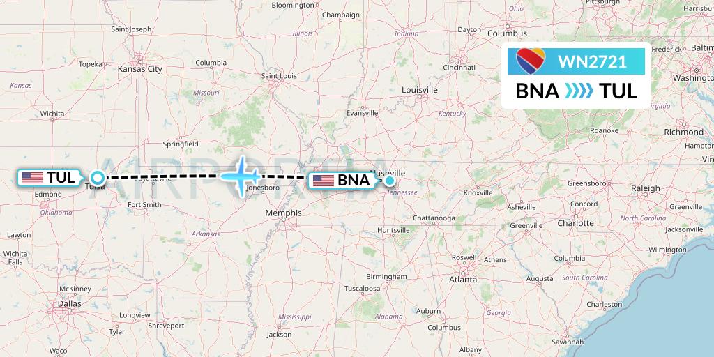 WN2721 Southwest Airlines Flight Map: Nashville to Tulsa