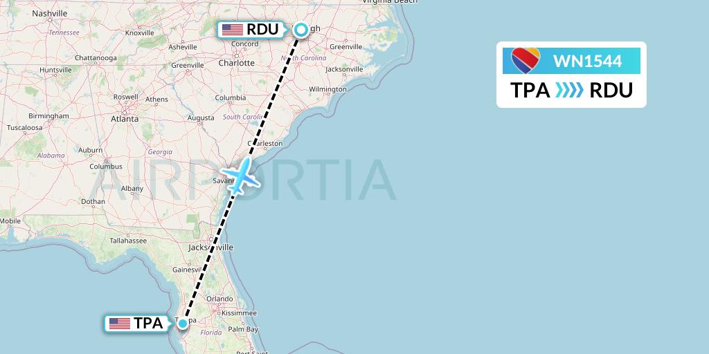 WN1544 Southwest Airlines Flight Map: Tampa to Raleigh-Durham
