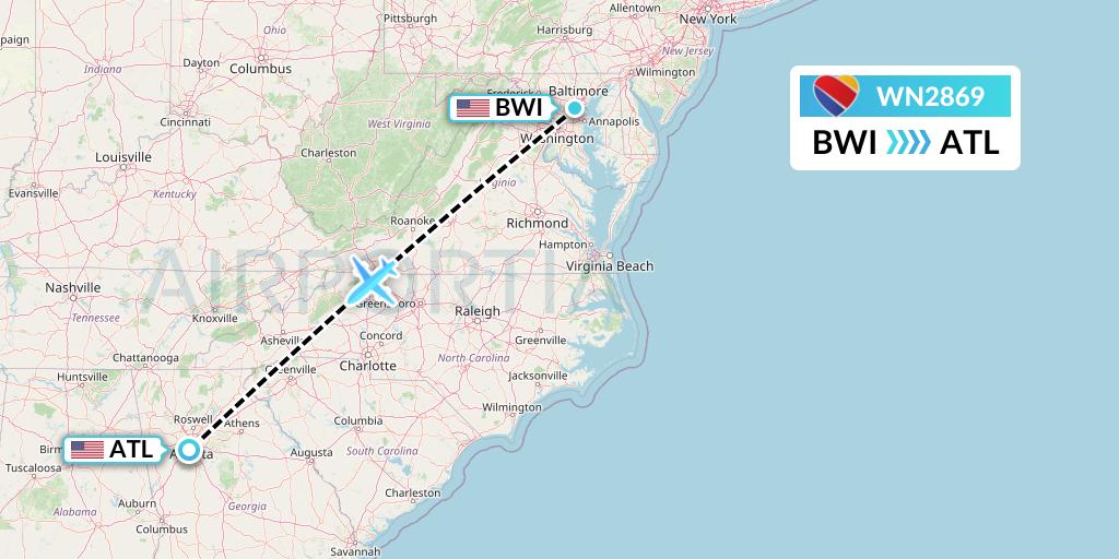 WN2869 Southwest Airlines Flight Map: Baltimore to Atlanta