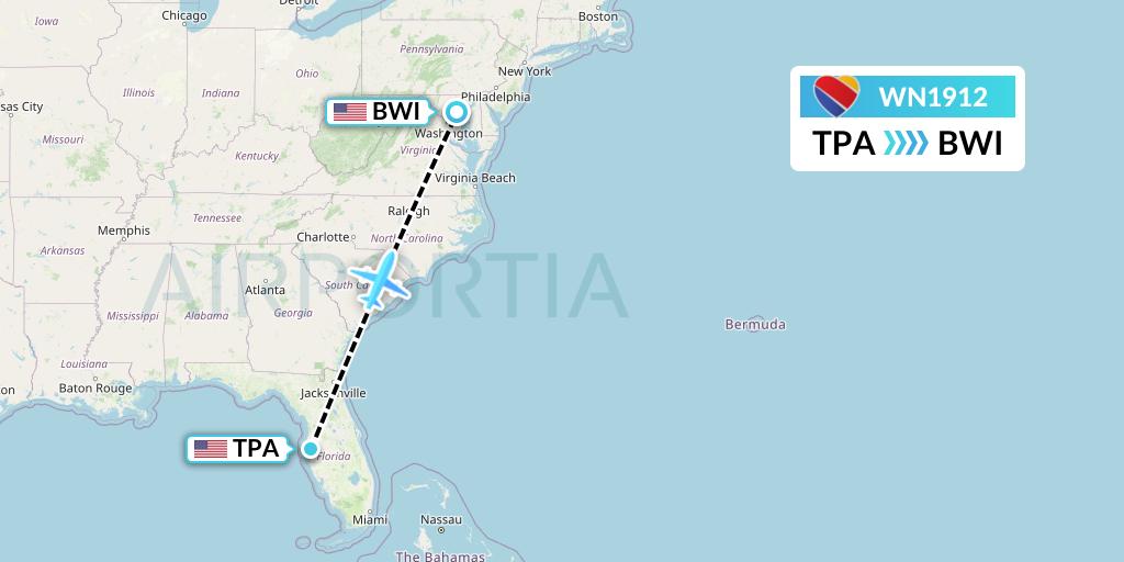 WN1912 Southwest Airlines Flight Map: Tampa to Baltimore