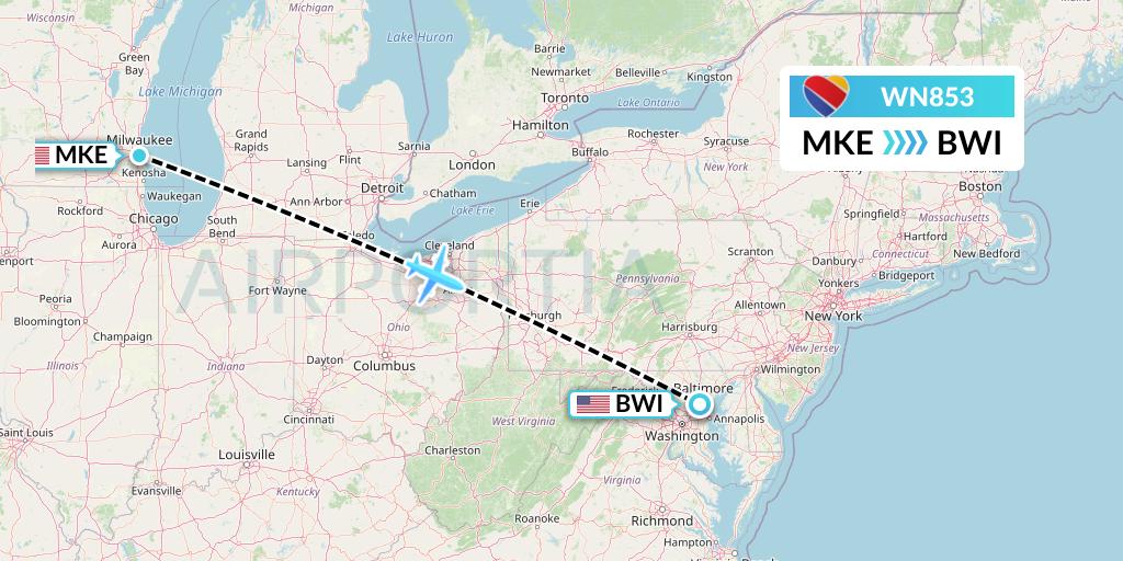 WN853 Southwest Airlines Flight Map: Milwaukee to Baltimore