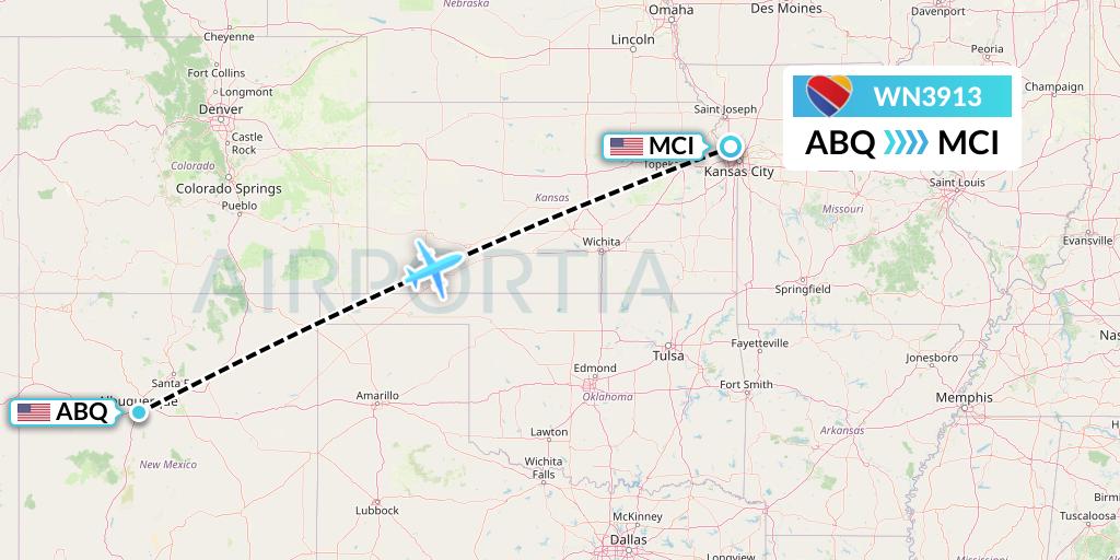 WN3913 Southwest Airlines Flight Map: Albuquerque to Kansas City