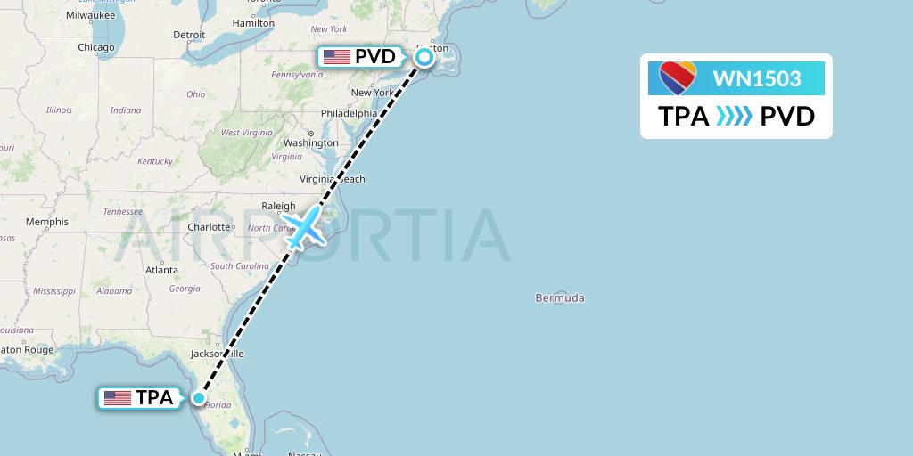 WN1503 Southwest Airlines Flight Map: Tampa to Providence