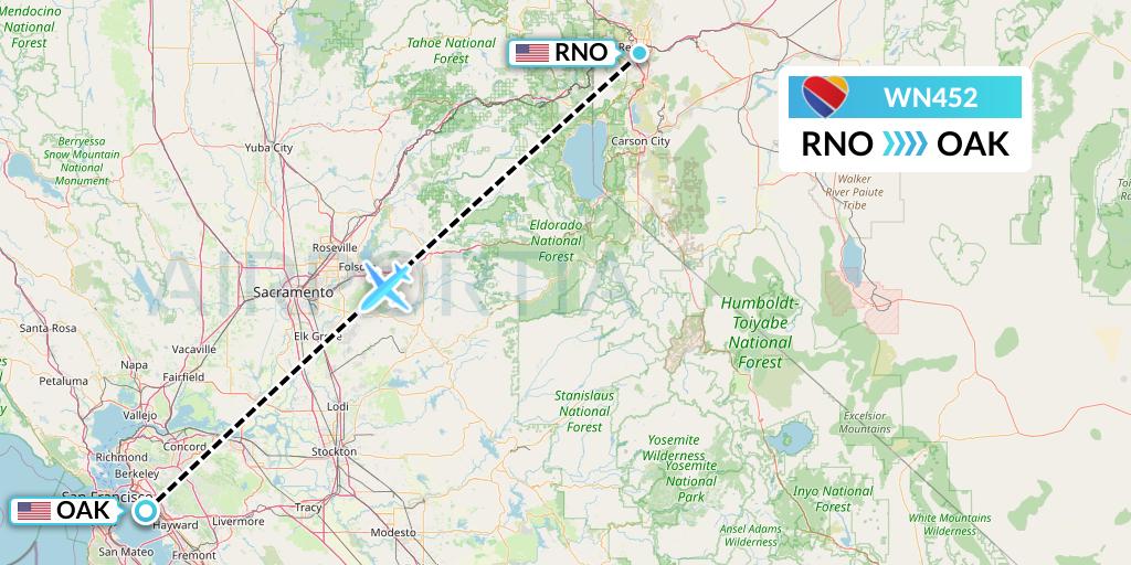 WN452 Southwest Airlines Flight Map: Reno to Oakland