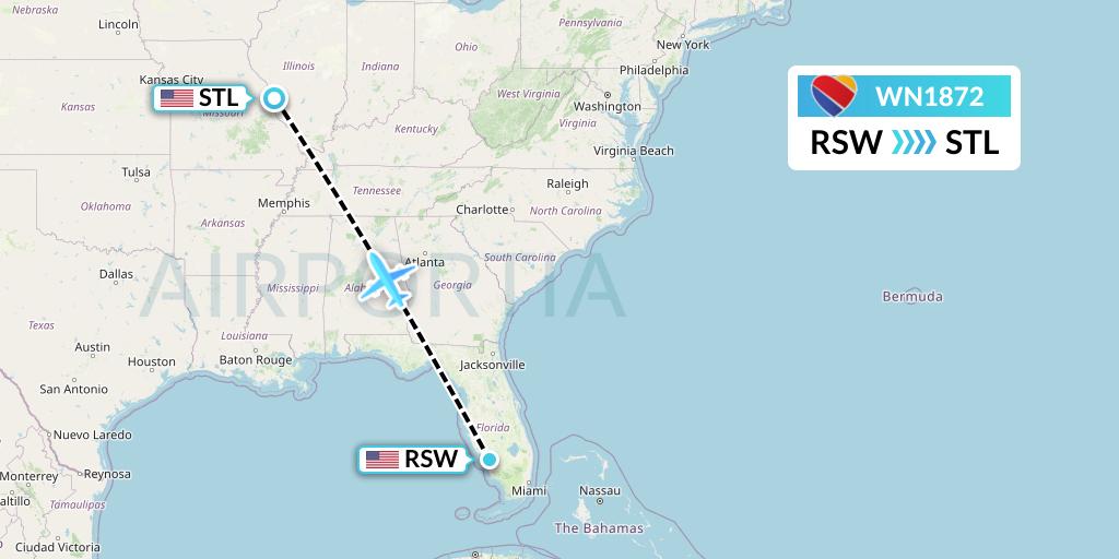 WN1872 Southwest Airlines Flight Map: Fort Myers to St. Louis