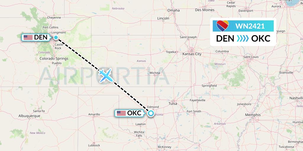 WN2421 Southwest Airlines Flight Map: Denver to Oklahoma City