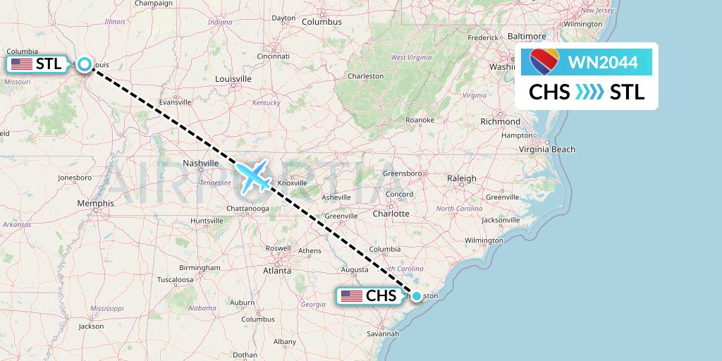 WN2044 Southwest Airlines Flight Map: Charleston to St. Louis