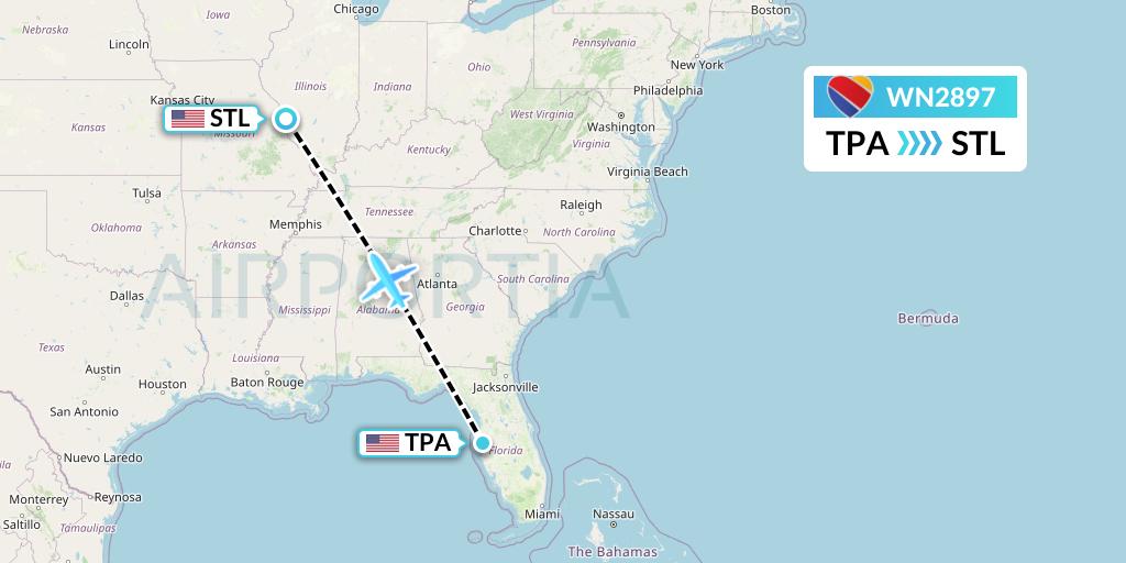 WN2897 Southwest Airlines Flight Map: Tampa to St. Louis