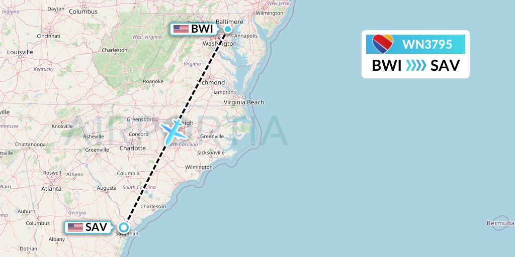 WN3795 Southwest Airlines Flight Map: Baltimore to Savannah