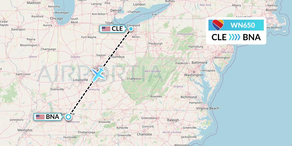 WN650 Southwest Airlines Flight Map: Cleveland to Nashville