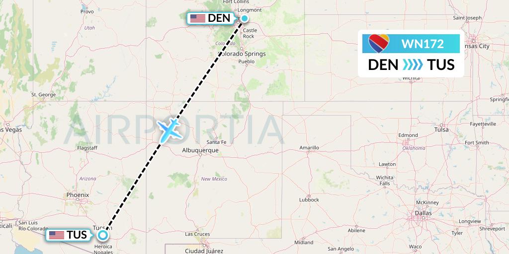 WN172 Southwest Airlines Flight Map: Denver to Tucson