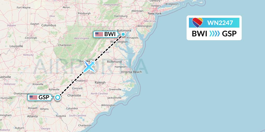 WN2247 Southwest Airlines Flight Map: Baltimore to Greenville-Spartanburg