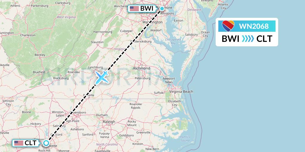 WN2068 Southwest Airlines Flight Map: Baltimore to Charlotte