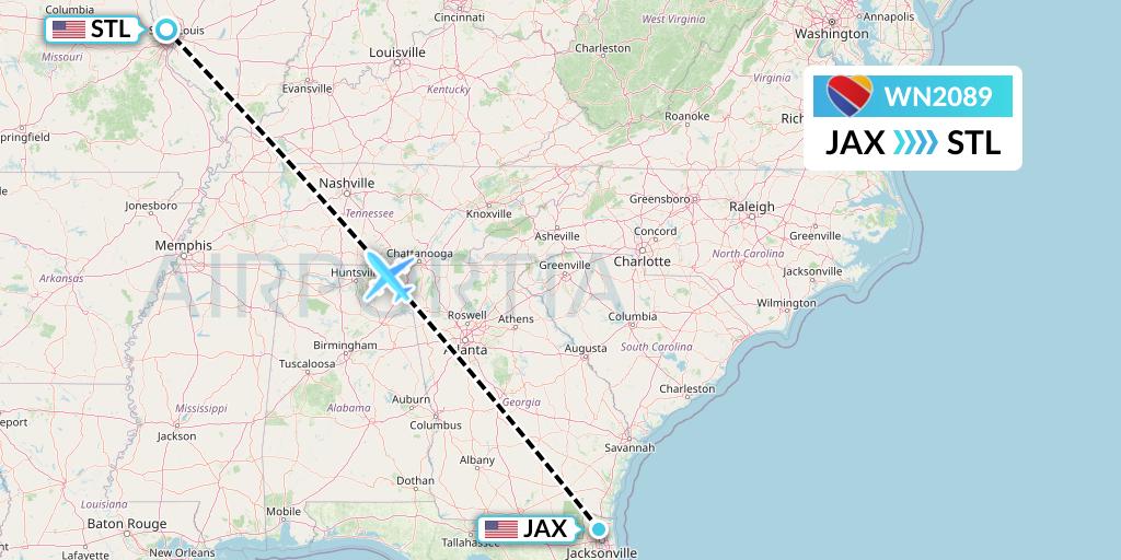 WN2089 Southwest Airlines Flight Map: Jacksonville to St. Louis