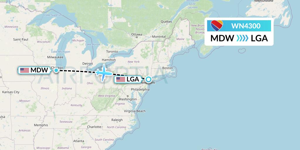 WN4300 Southwest Airlines Flight Map: Chicago to New York