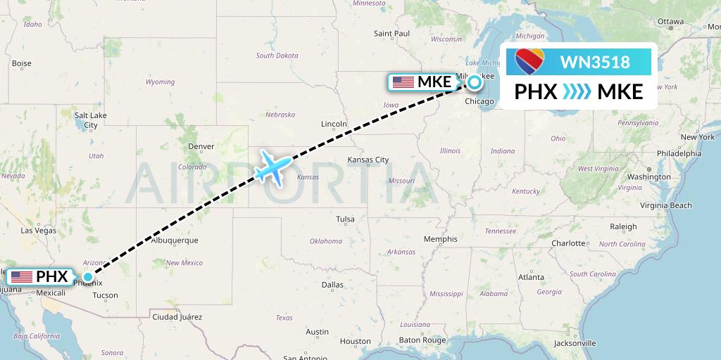 WN3518 Southwest Airlines Flight Map: Phoenix to Milwaukee