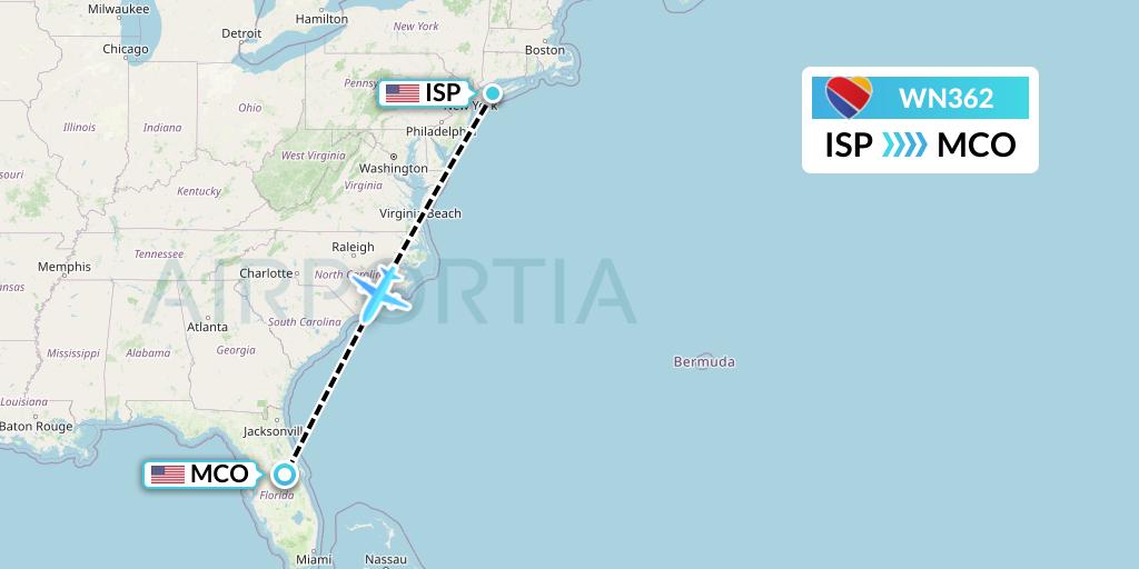 WN362 Southwest Airlines Flight Map: Islip to Orlando