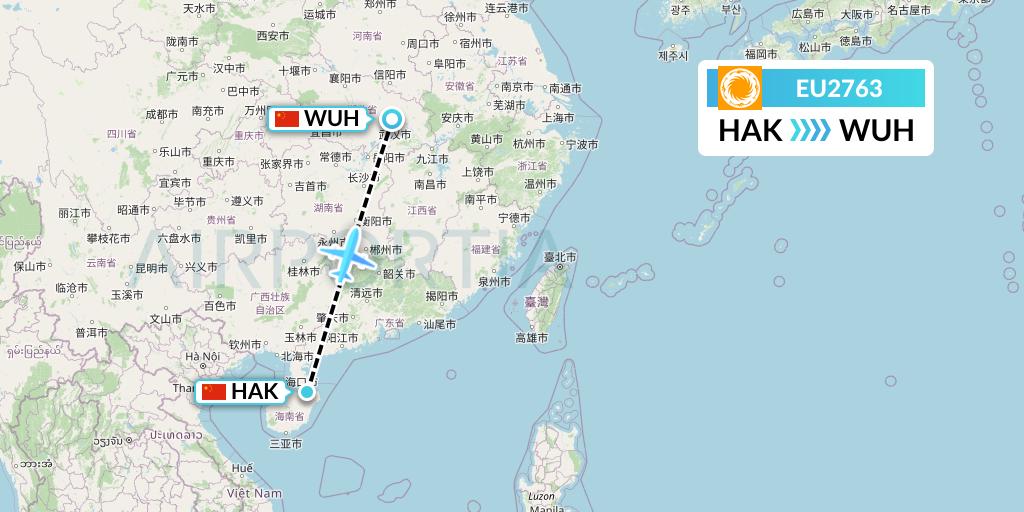 EU2763 Chengdu Airlines Flight Map: Haikou to Wuhan