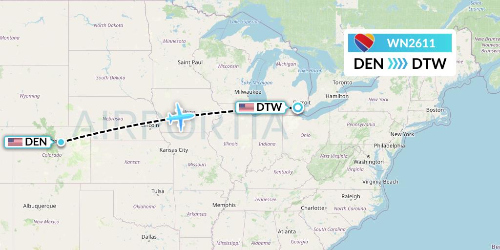 WN2611 Southwest Airlines Flight Map: Denver to Detroit