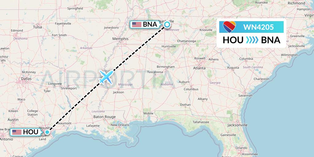 WN4205 Southwest Airlines Flight Map: Houston to Nashville