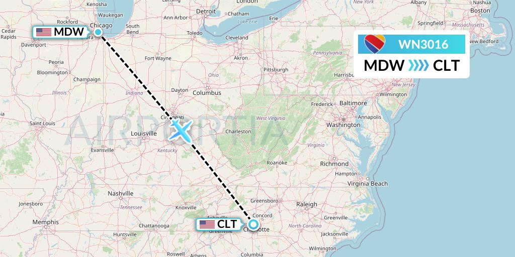 WN3016 Southwest Airlines Flight Map: Chicago to Charlotte
