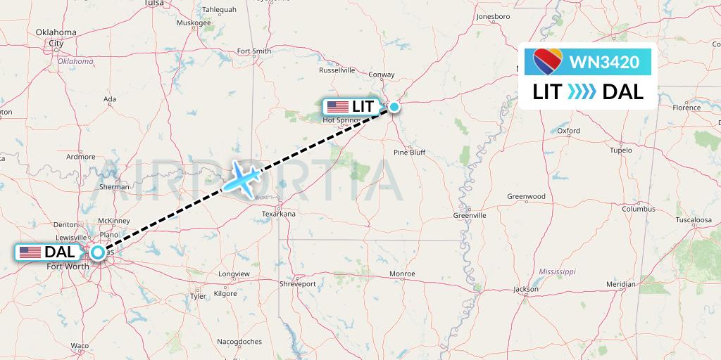 WN3420 Southwest Airlines Flight Map: Little Rock to Dallas