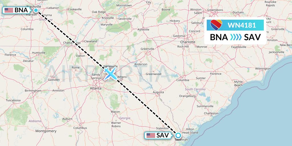 WN4181 Southwest Airlines Flight Map: Nashville to Savannah