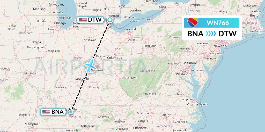 WN766 Southwest Airlines Flight Map: Nashville to Detroit