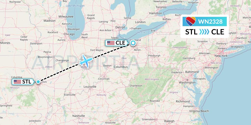 WN2328 Southwest Airlines Flight Map: St. Louis to Cleveland