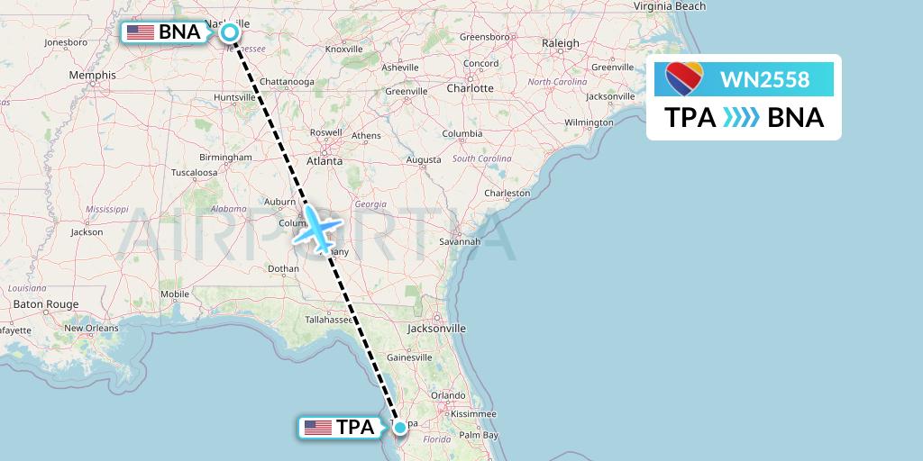 WN2558 Southwest Airlines Flight Map: Tampa to Nashville