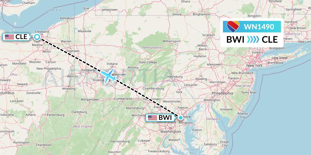 WN1490 Southwest Airlines Flight Map: Baltimore to Cleveland