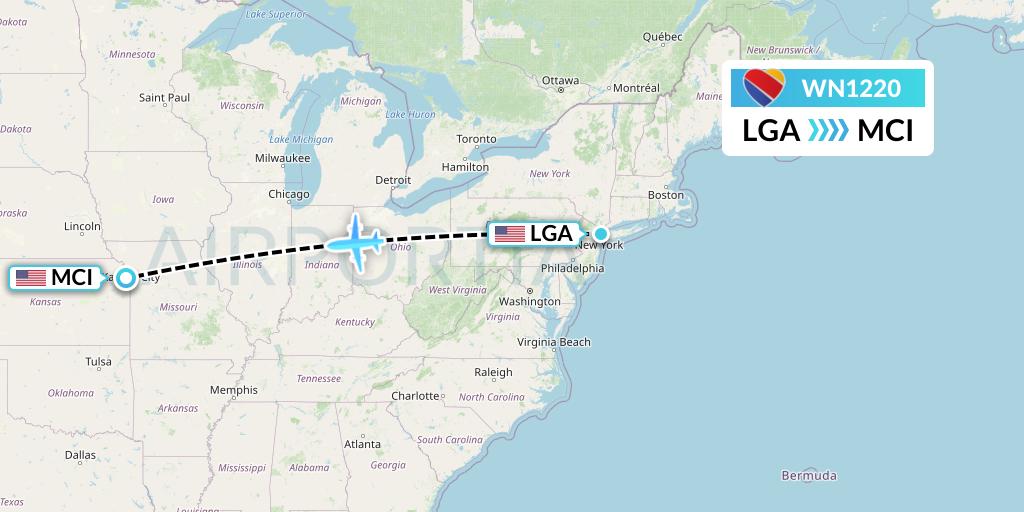 WN1220 Southwest Airlines Flight Map: New York to Kansas City
