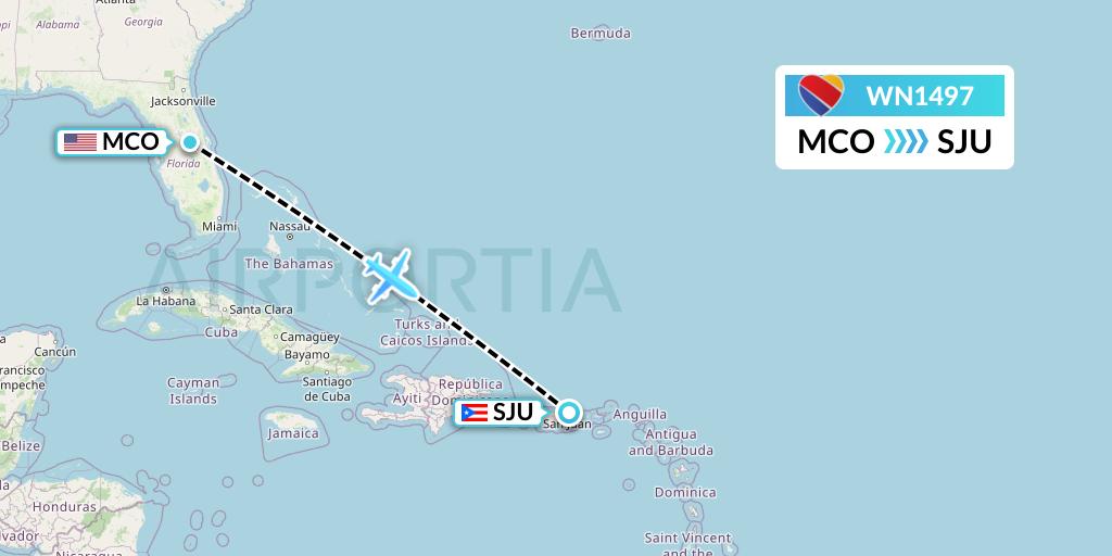 WN1497 Southwest Airlines Flight Map: Orlando to San Juan