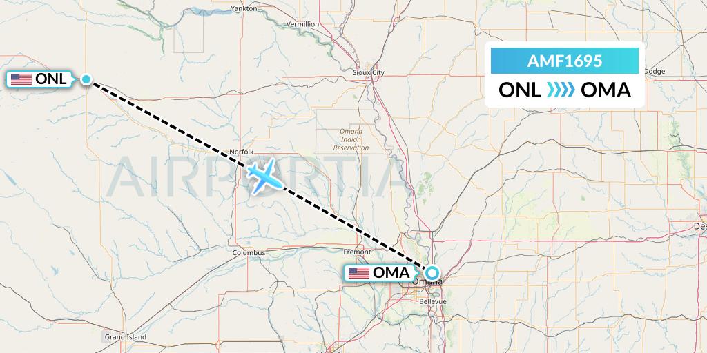 AMF1695 Ameriflight Flight Map: Oneill to Omaha