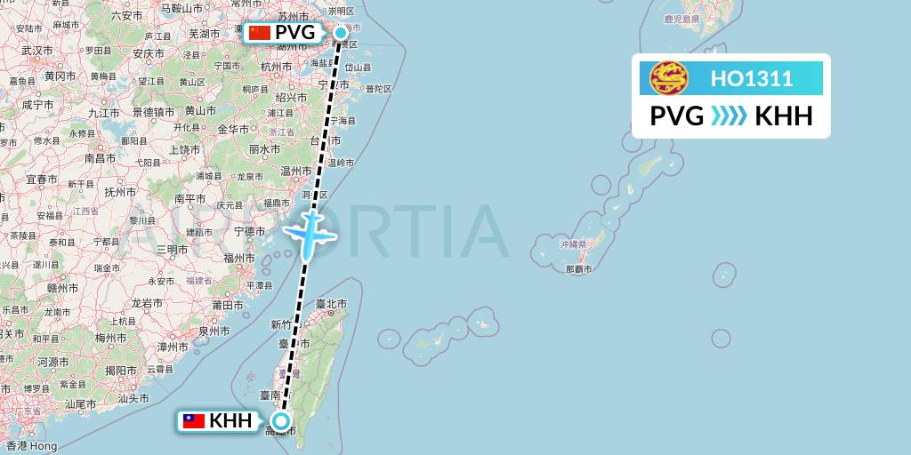 HO1311 Juneyao Airlines Flight Map: Shanghai to Kaohsiung