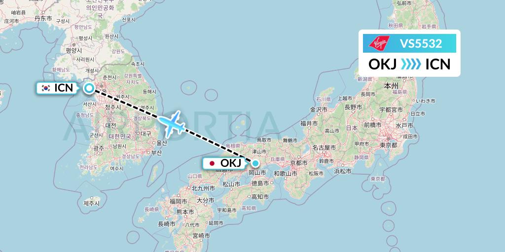 VS5532 Virgin Atlantic Airways Flight Map: Okayama to Seoul