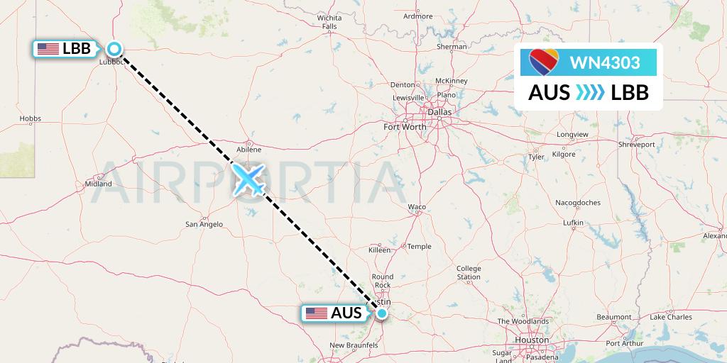 WN4303 Southwest Airlines Flight Map: Austin to Lubbock