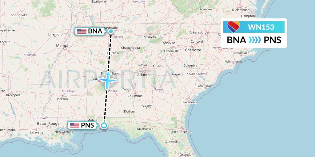 WN153 Southwest Airlines Flight Map: Nashville to Pensacola