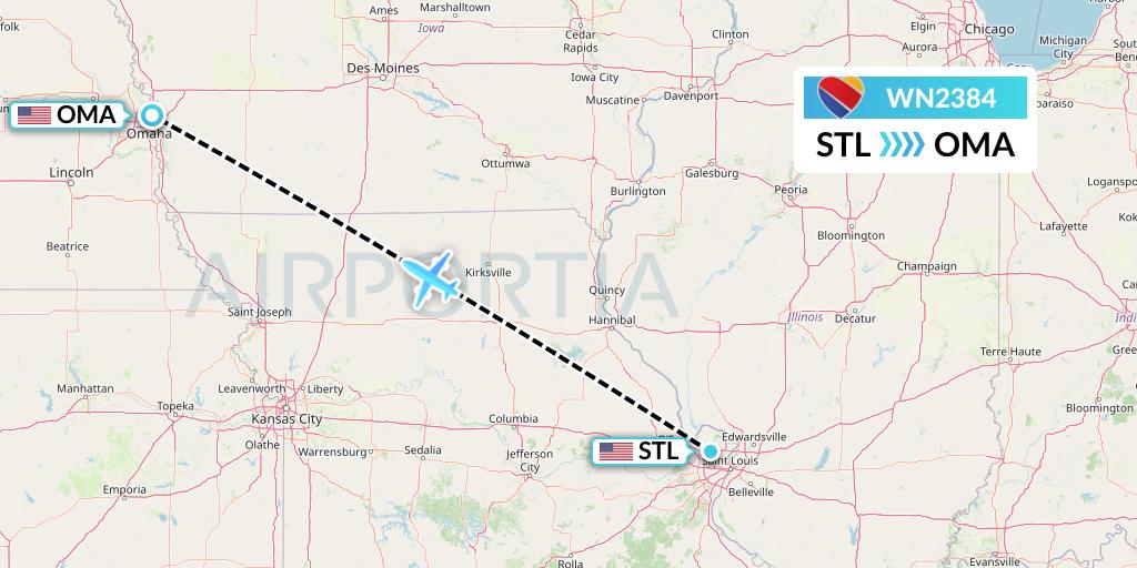 WN2384 Southwest Airlines Flight Map: St. Louis to Omaha
